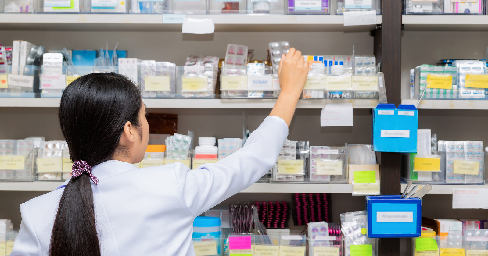 Pills on the Shelf of a Pharmacy